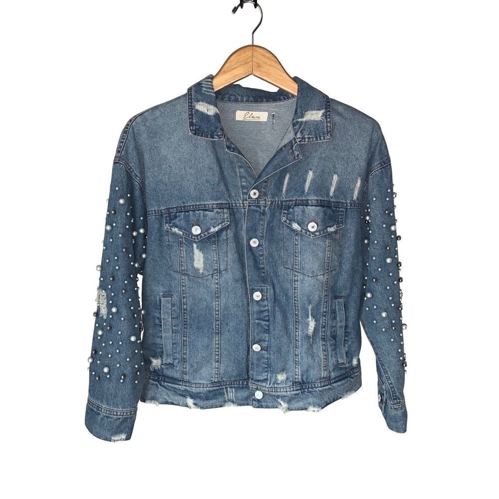 Elan Distressed Blue Denim Jacket with Pearl Embellishments